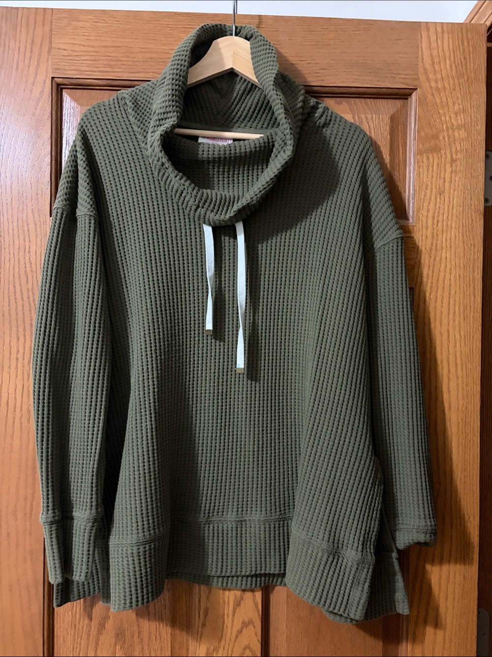 MarleyLilly Waffle Knit Cowl Neck Sweater - Olive Green